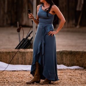 David’s Bridal bridesmaid dress. Size 8 Steel blue. Looks silky